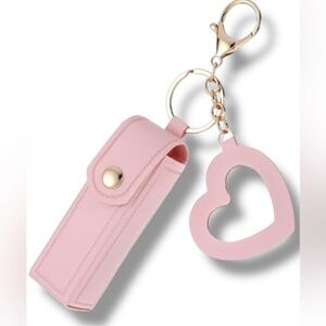 Pink Lipstick/Lip Balm Holder Keychain With Mirror Charm